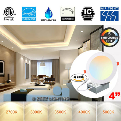 ZEEZ Lighting - 4-Inch 9W 780LM / 6-Inch 15W 1275LM / 8-Inch 18W 1900LM Selectable 5CCT Dimmable LED Recessed Light Canless Ceiling Panel Downlight w/ Junction Box ETL Listed