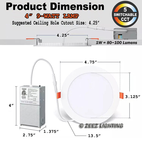 ZEEZ Lighting - 4-Inch 9W 780LM / 6-Inch 15W 1275LM / 8-Inch 18W 1900LM Selectable 5CCT Dimmable LED Recessed Ceiling Panel Light Canless Downlight w/ Junction Box 
