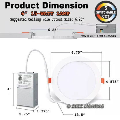 ZEEZ Lighting - 4-Inch 9W 780LM / 6-Inch 15W 1275LM / 8-Inch 18W 1900LM Selectable 5CCT Dimmable LED Recessed Ceiling Panel Light Canless Downlight w/ Junction Box ETL Listed