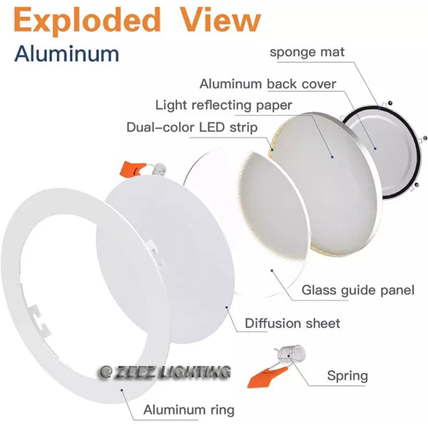 ZEEZ Lighting - 4-Inch 9W 780LM / 6-Inch 15W 1275LM / 8-Inch 18W 1900LM Selectable 5CCT Dimmable LED Recessed Ceiling Panel Light Canless Downlight w/ Junction Box 