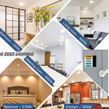 ZEEZ Lighting - 4-Inch 9W 780LM / 6-Inch 15W 1275LM / 8-Inch 18W 1900LM Selectable 5CCT Dimmable LED Recessed Ceiling Panel Light Canless Downlight w/ Junction Box ETL Listed