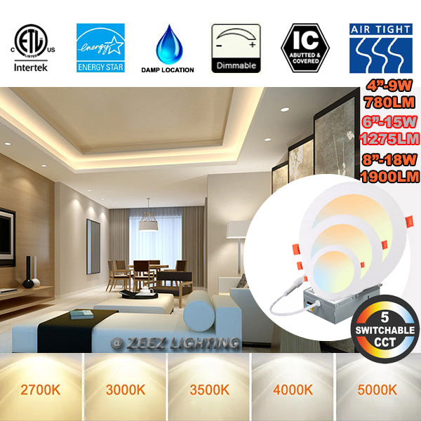 ZEEZ 4, 6, 8-inch 5CCT Dimmable Canless LED Recessed Light, white trim, junction box.