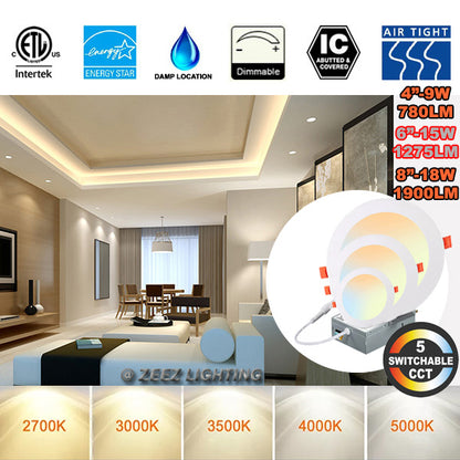 ZEEZ 4, 6, 8-inch 5CCT Dimmable Canless LED Recessed Light, white trim, junction box.